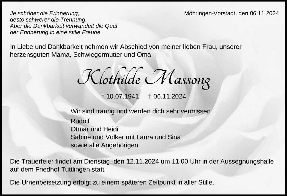  Traueranzeige für Klothilde Massong vom 09.11.2024 aus Tuttlingen, Spaichingen, Trossingen