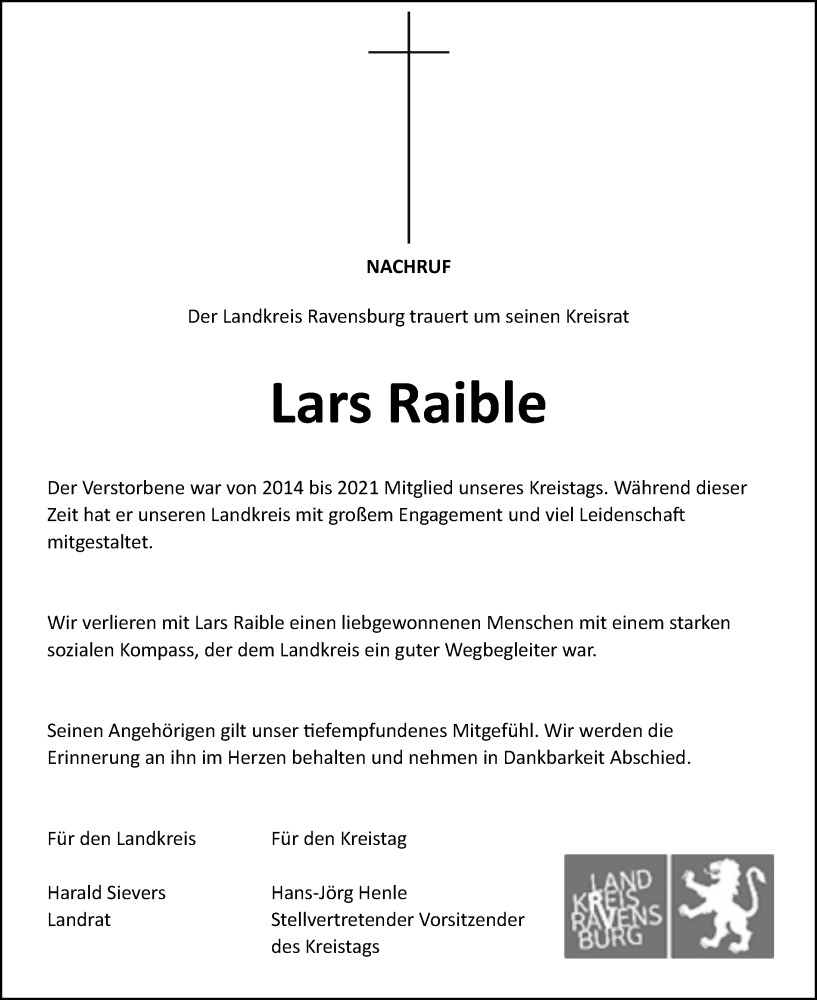  Traueranzeige für Lars Raible vom 16.11.2024 aus Leutkirch