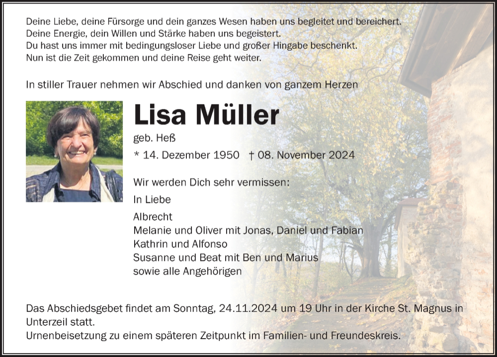  Traueranzeige für Lisa Müller vom 20.11.2024 aus Leutkirch