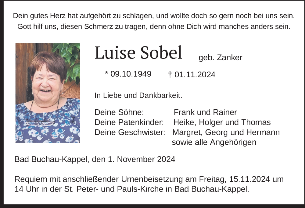  Traueranzeige für Luise Sobel vom 12.11.2024 aus Biberach