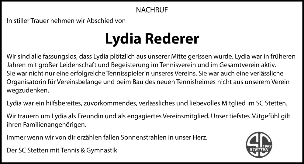  Traueranzeige für Lydia Rederer vom 27.11.2024 aus Schwäbische Zeitung