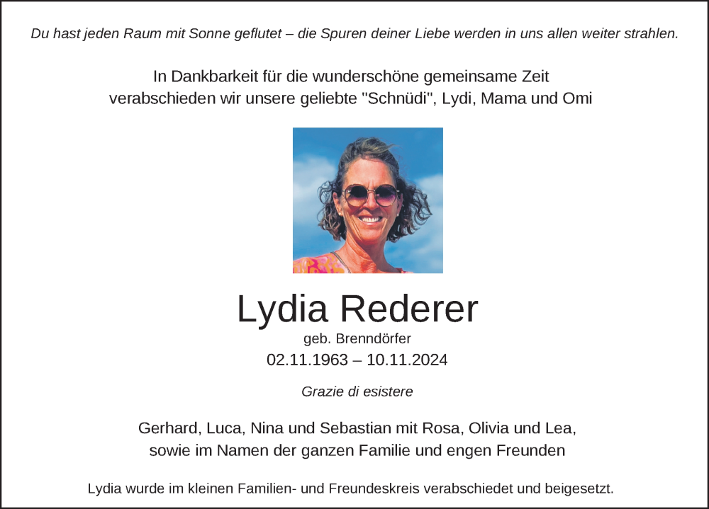  Traueranzeige für Lydia Rederer vom 26.11.2024 aus Laupheim