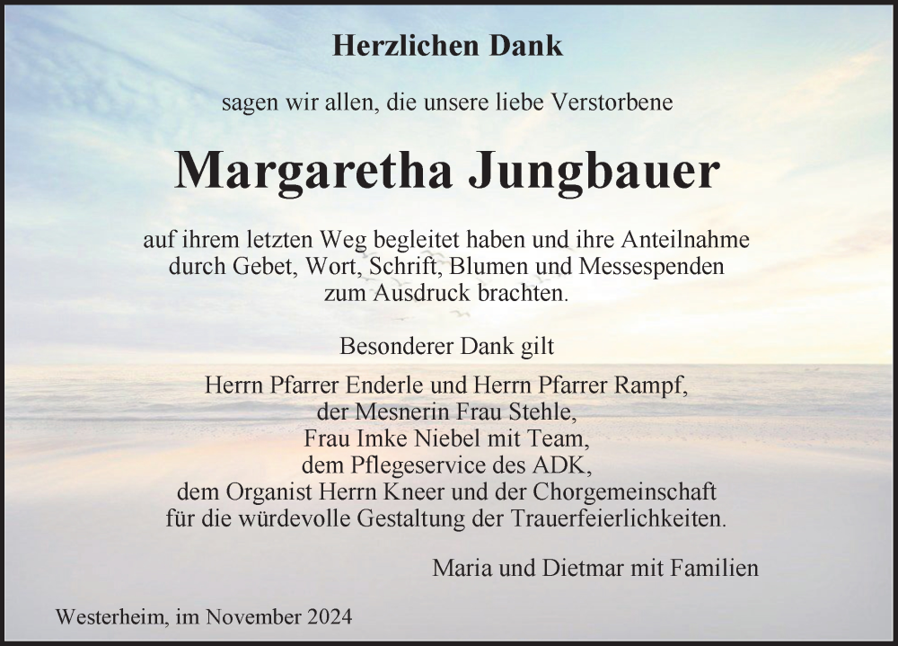  Traueranzeige für Margaretha Jungbauer vom 14.11.2024 aus Laichingen, Ulm