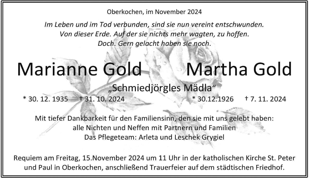  Traueranzeige für Marianne und Martha Gold vom 12.11.2024 aus Aalen /Ellwangen