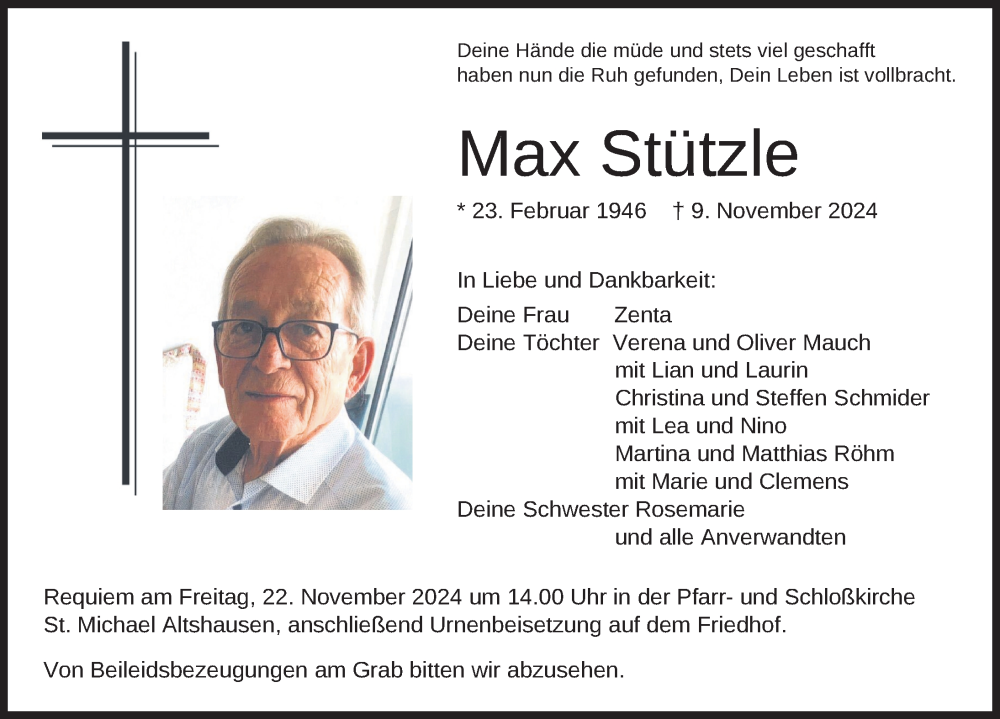  Traueranzeige für Max Stützle vom 16.11.2024 aus Ravensburg