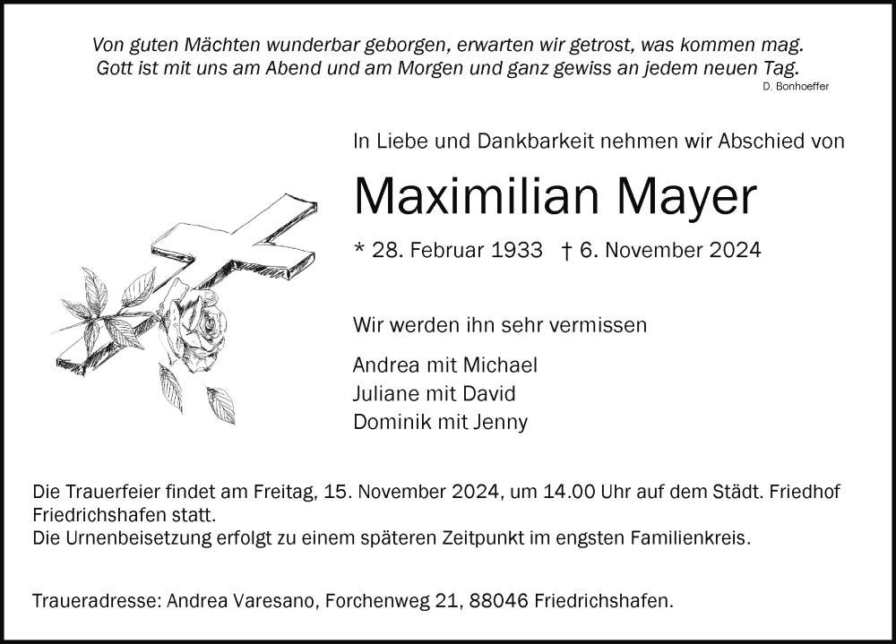  Traueranzeige für Maximilian Mayer vom 09.11.2024 aus Friedrichshafen