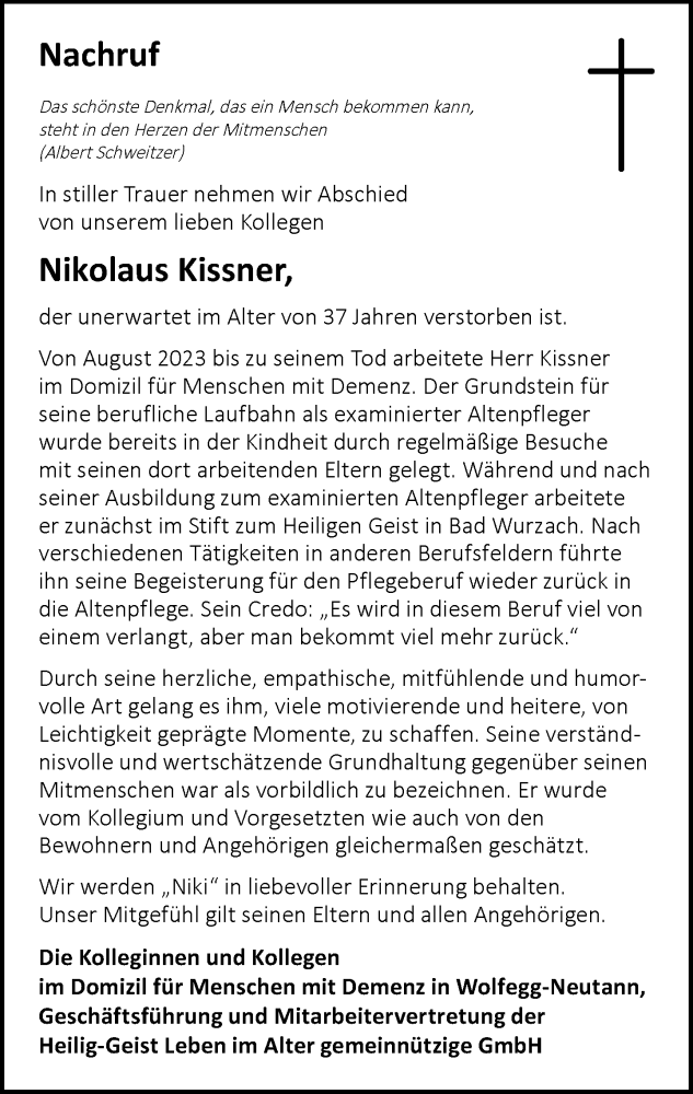  Traueranzeige für Nikolaus Kissner vom 09.11.2024 aus Leutkirch