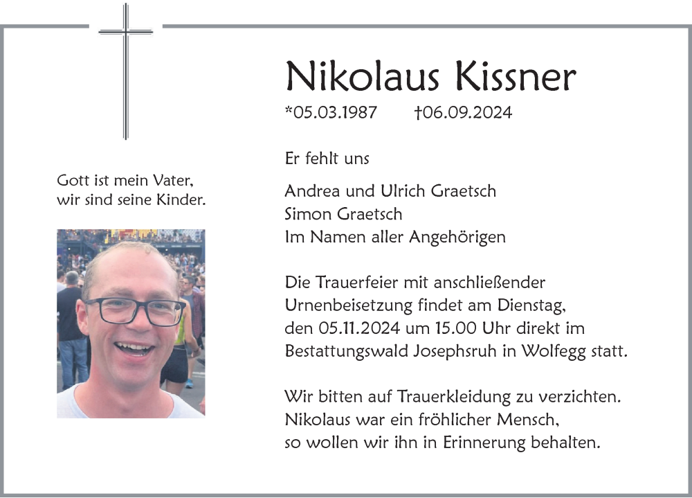  Traueranzeige für Nikolaus Kissner vom 02.11.2024 aus Leutkirch