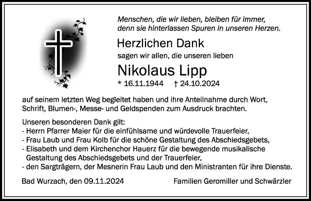  Traueranzeige für Nikolaus Lipp vom 09.11.2024 aus Leutkirch