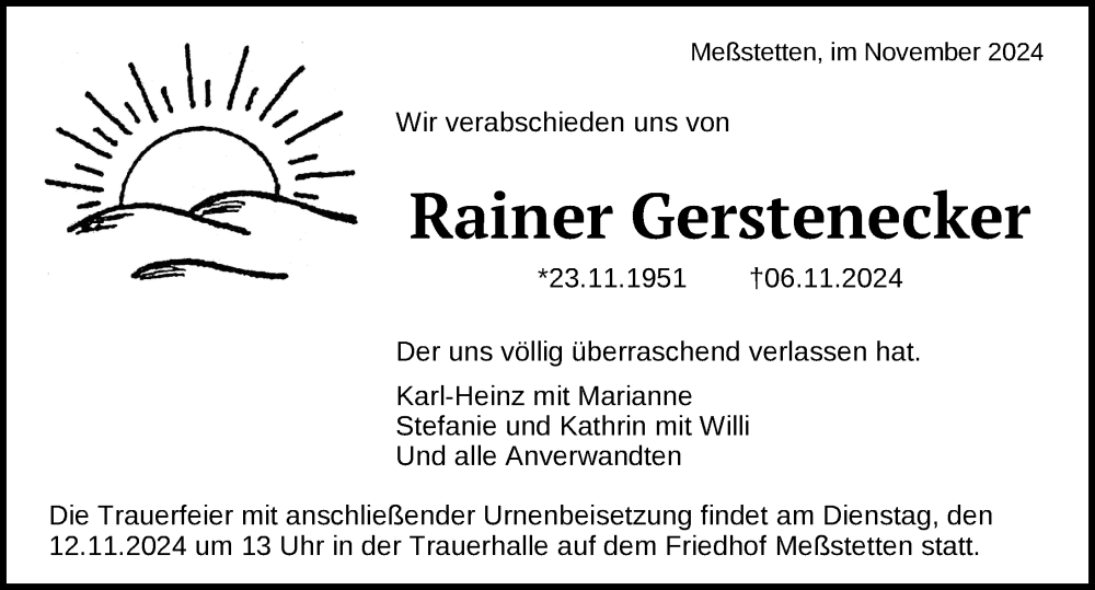  Traueranzeige für Rainer Gerstenecker vom 09.11.2024 aus Balingen