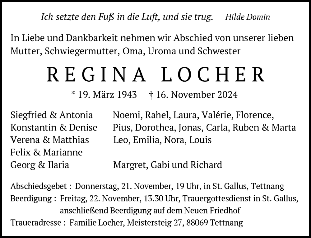  Traueranzeige für Regina Locher vom 19.11.2024 aus Tettnang