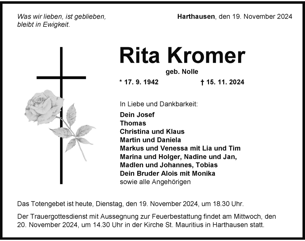  Traueranzeige für Rita Kromer vom 19.11.2024 aus Balingen