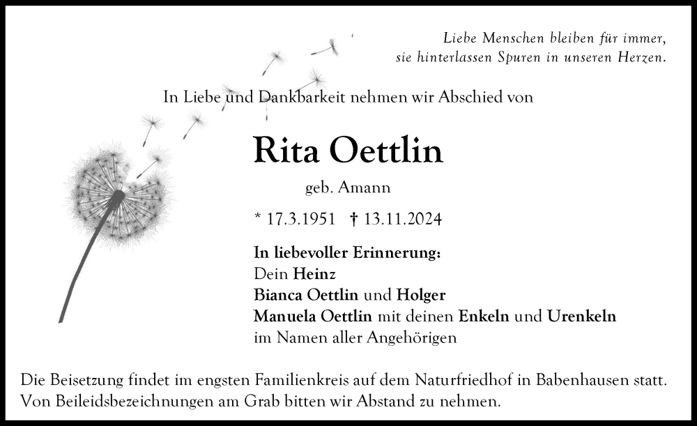  Traueranzeige für Rita Oettlin vom 18.11.2024 aus Laupheim