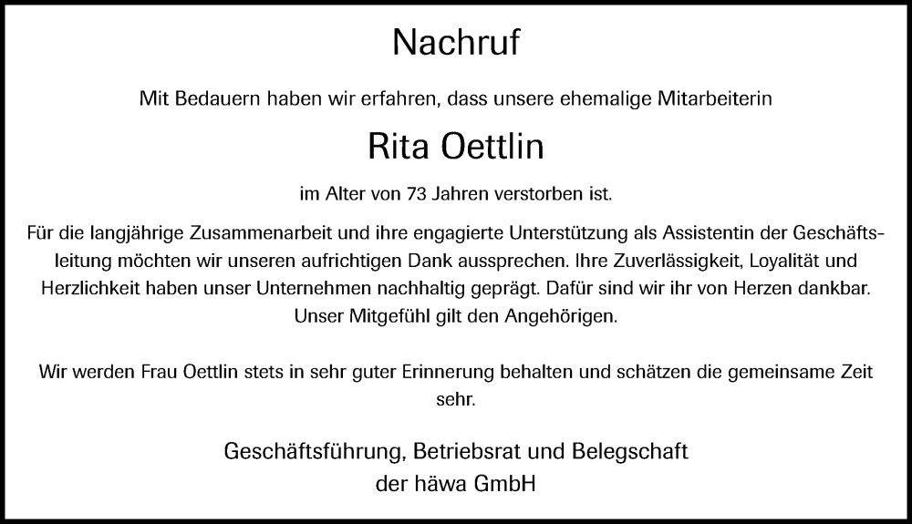  Traueranzeige für Rita Oettlin vom 19.11.2024 aus Laupheim