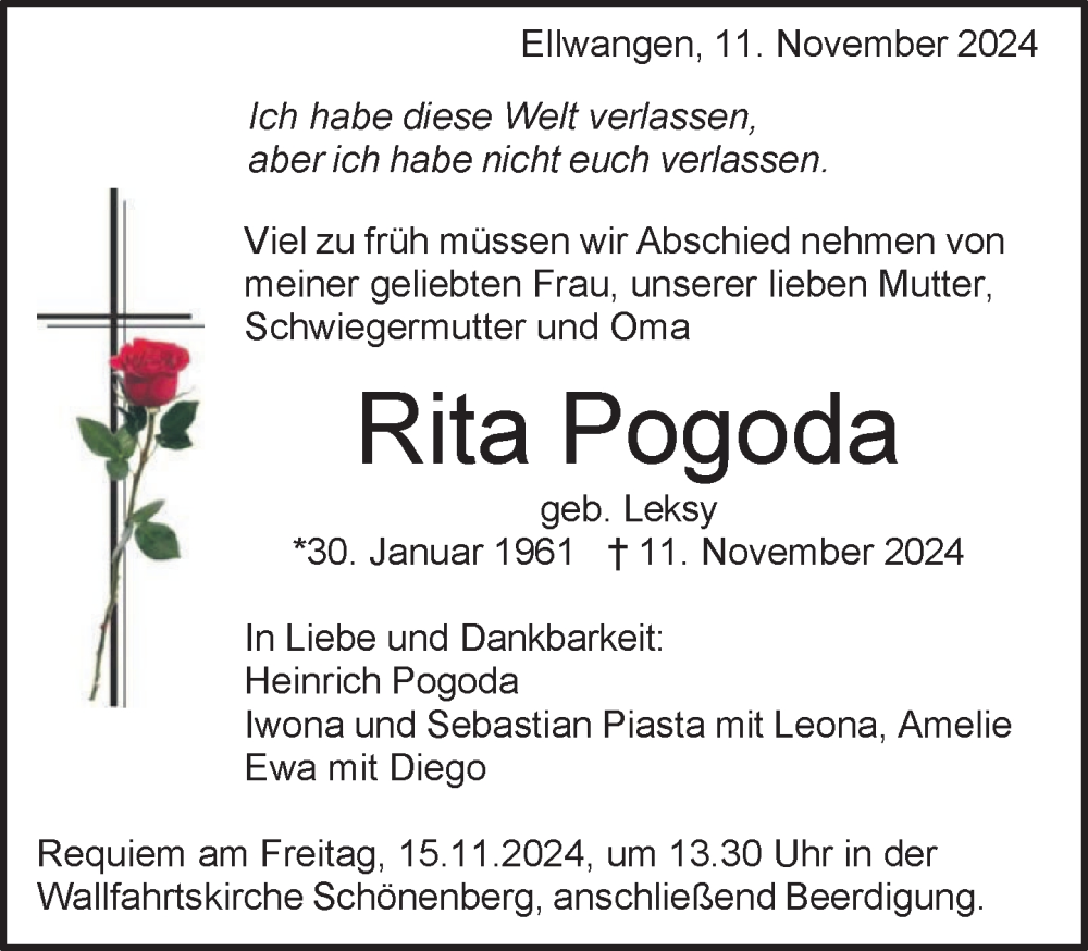  Traueranzeige für Rita Pogoda vom 13.11.2024 aus Aalen /Ellwangen