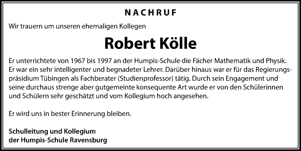  Traueranzeige für Robert Kölle vom 02.11.2024 aus Ravensburg