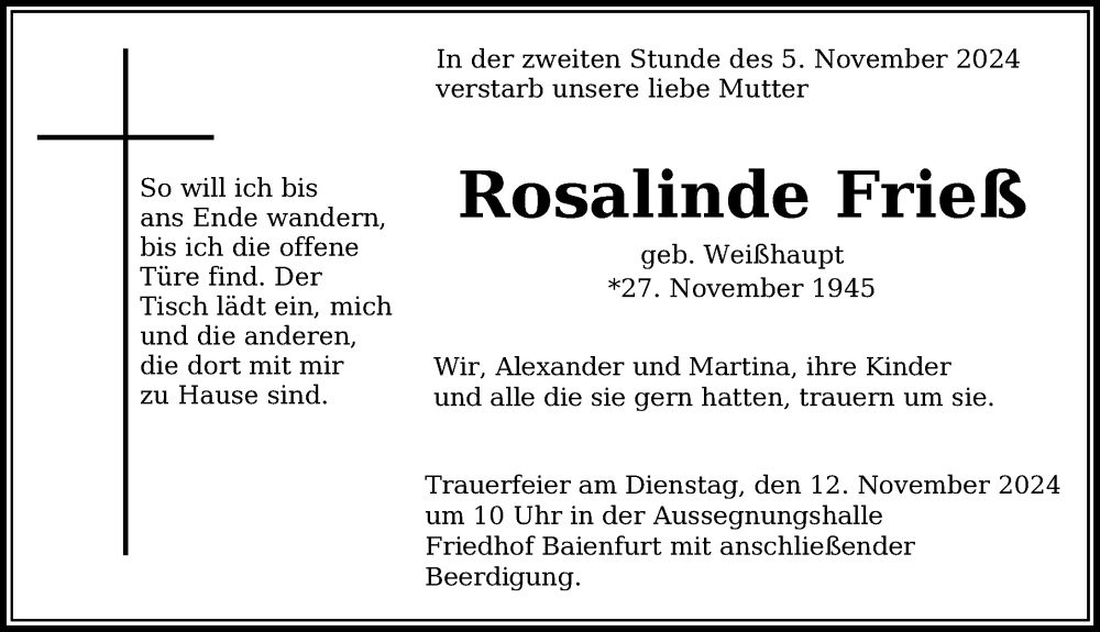  Traueranzeige für Rosalinde Frieß vom 09.11.2024 aus Ravensburg