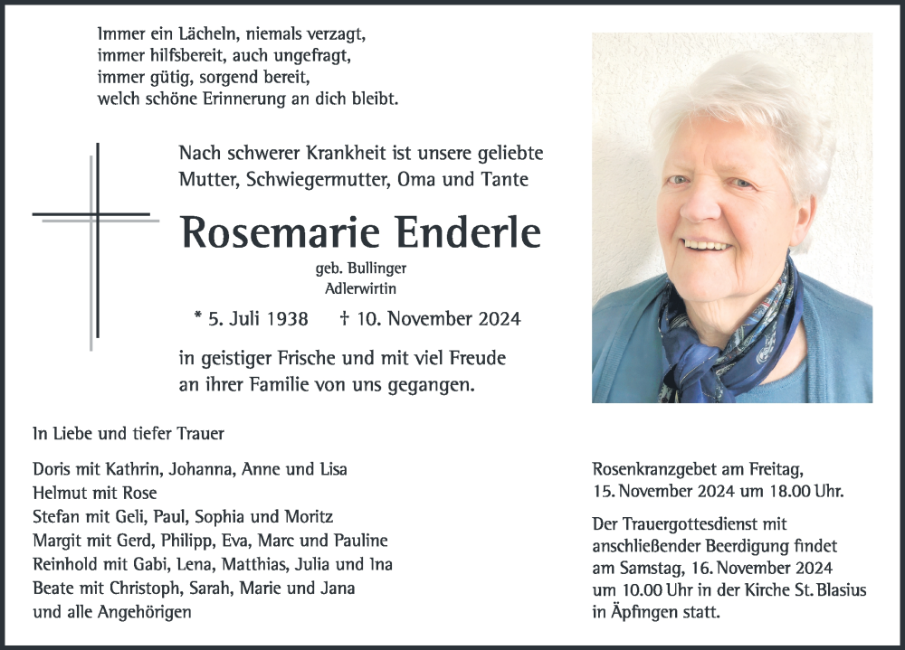  Traueranzeige für Rosemarie Enderle vom 13.11.2024 aus Biberach