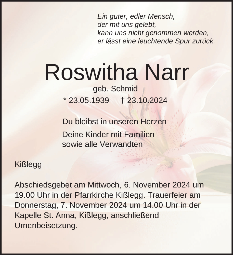  Traueranzeige für Roswitha Narr vom 02.11.2024 aus Wangen