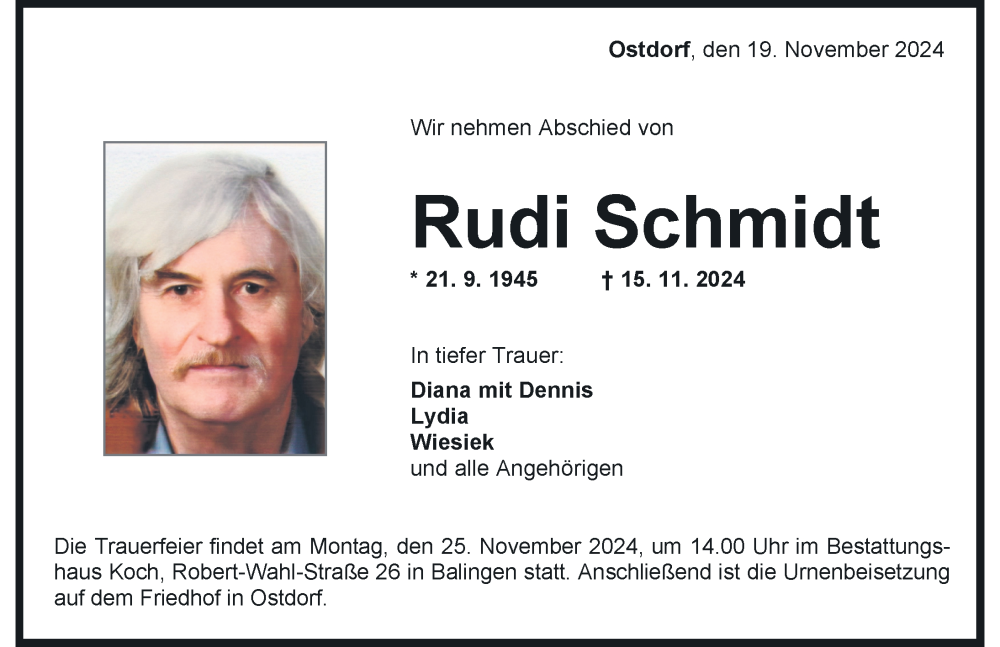  Traueranzeige für Rudi Schmidt vom 19.11.2024 aus Balingen