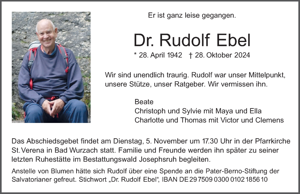  Traueranzeige für Rudolf Ebel vom 02.11.2024 aus Leutkirch