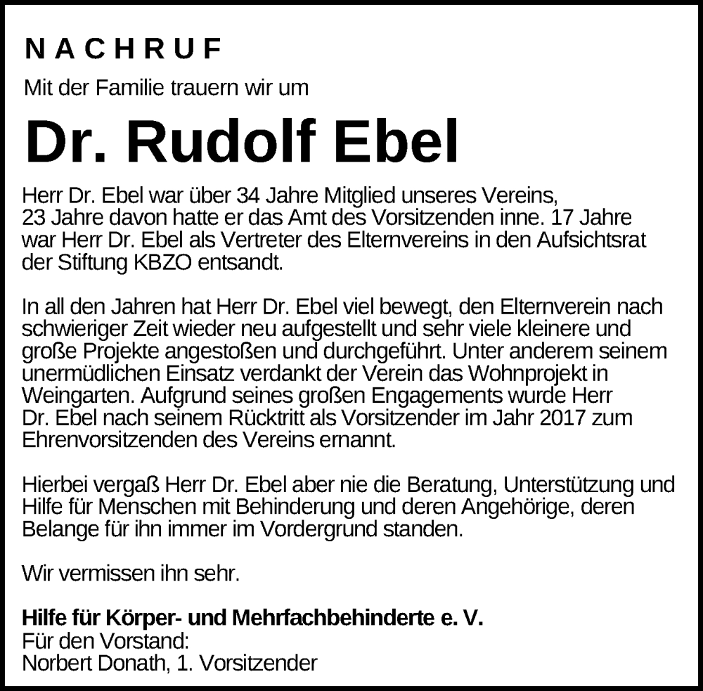  Traueranzeige für Rudolf Ebel vom 16.11.2024 aus Leutkirch