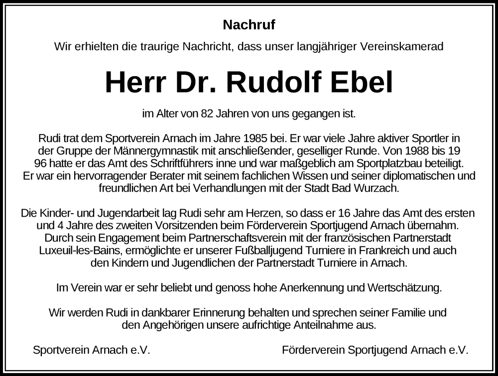  Traueranzeige für Rudolf Ebel vom 04.11.2024 aus Leutkirch