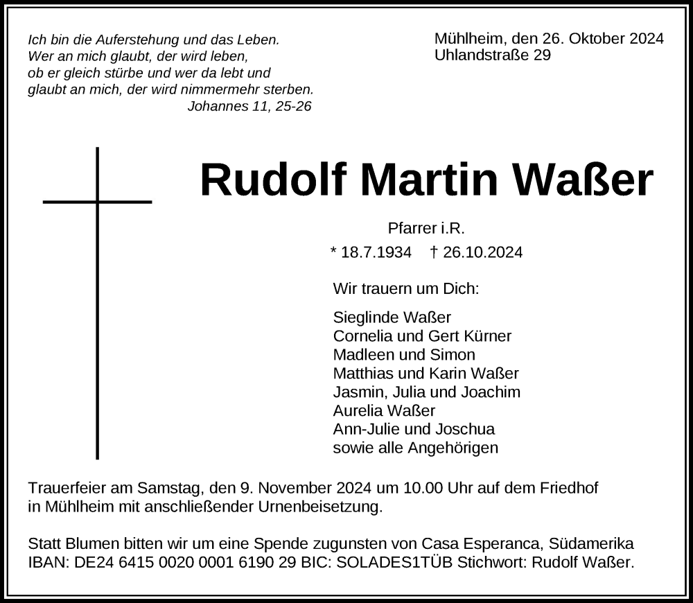  Traueranzeige für Rudolf Martin Waßer vom 02.11.2024 aus Tuttlingen, Spaichingen, Trossingen