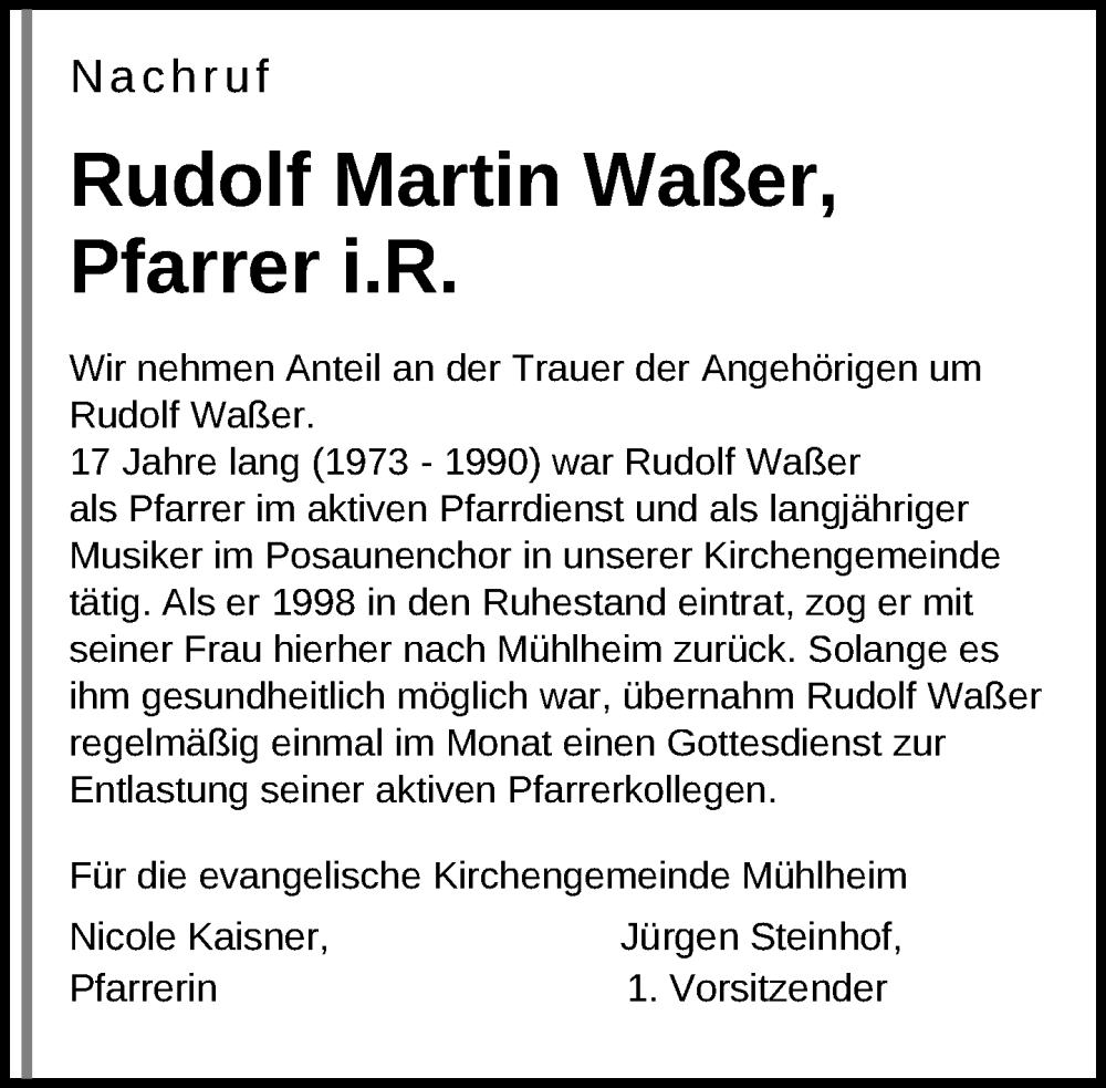  Traueranzeige für Rudolf Martin Waßer vom 09.11.2024 aus Tuttlingen, Spaichingen, Trossingen