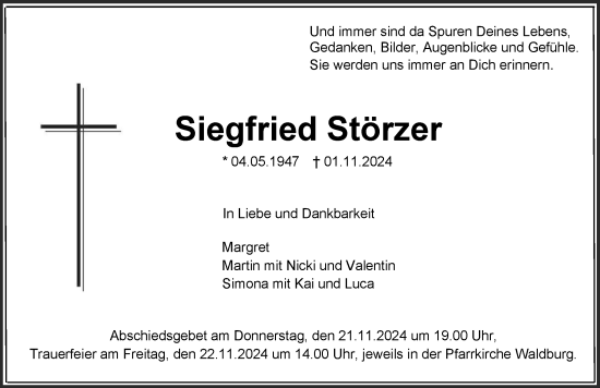 Anzeige von Siegfried Störzer von Ravensburg