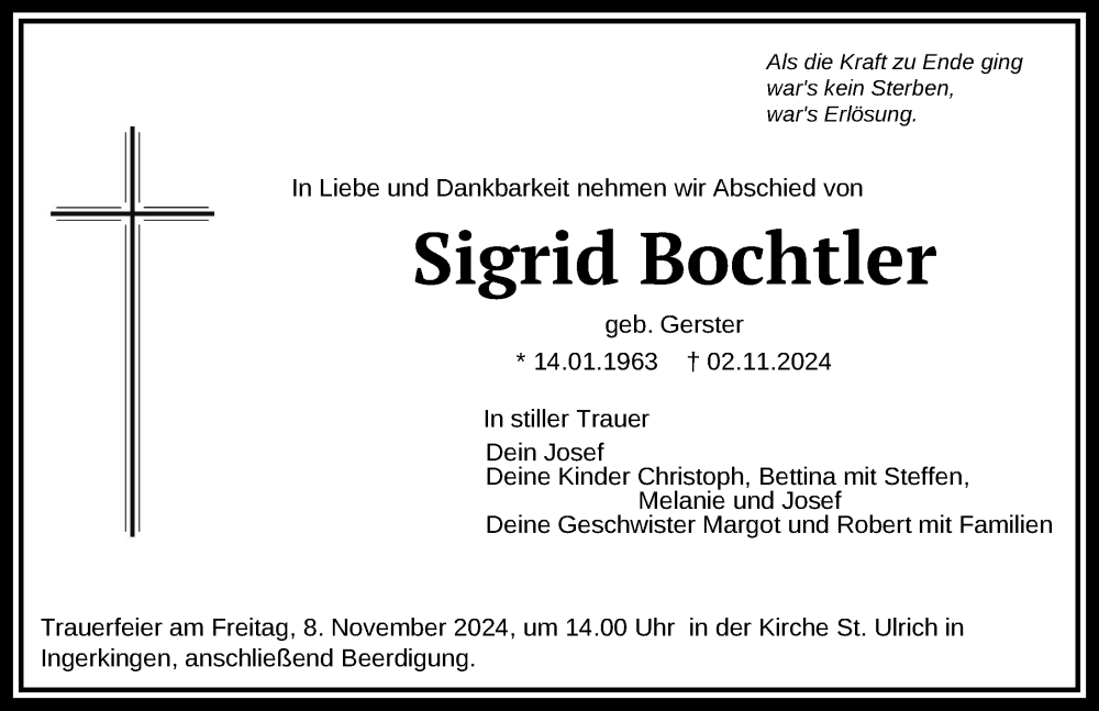  Traueranzeige für Sigrid Bochtler vom 06.11.2024 aus Biberach