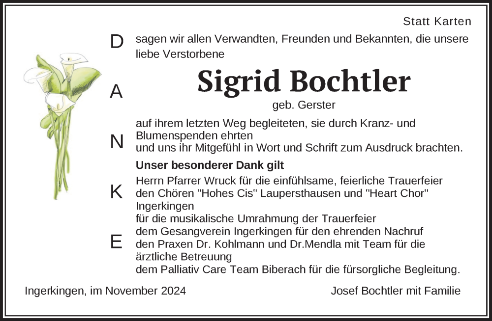  Traueranzeige für Sigrid Bochtler vom 16.11.2024 aus Biberach