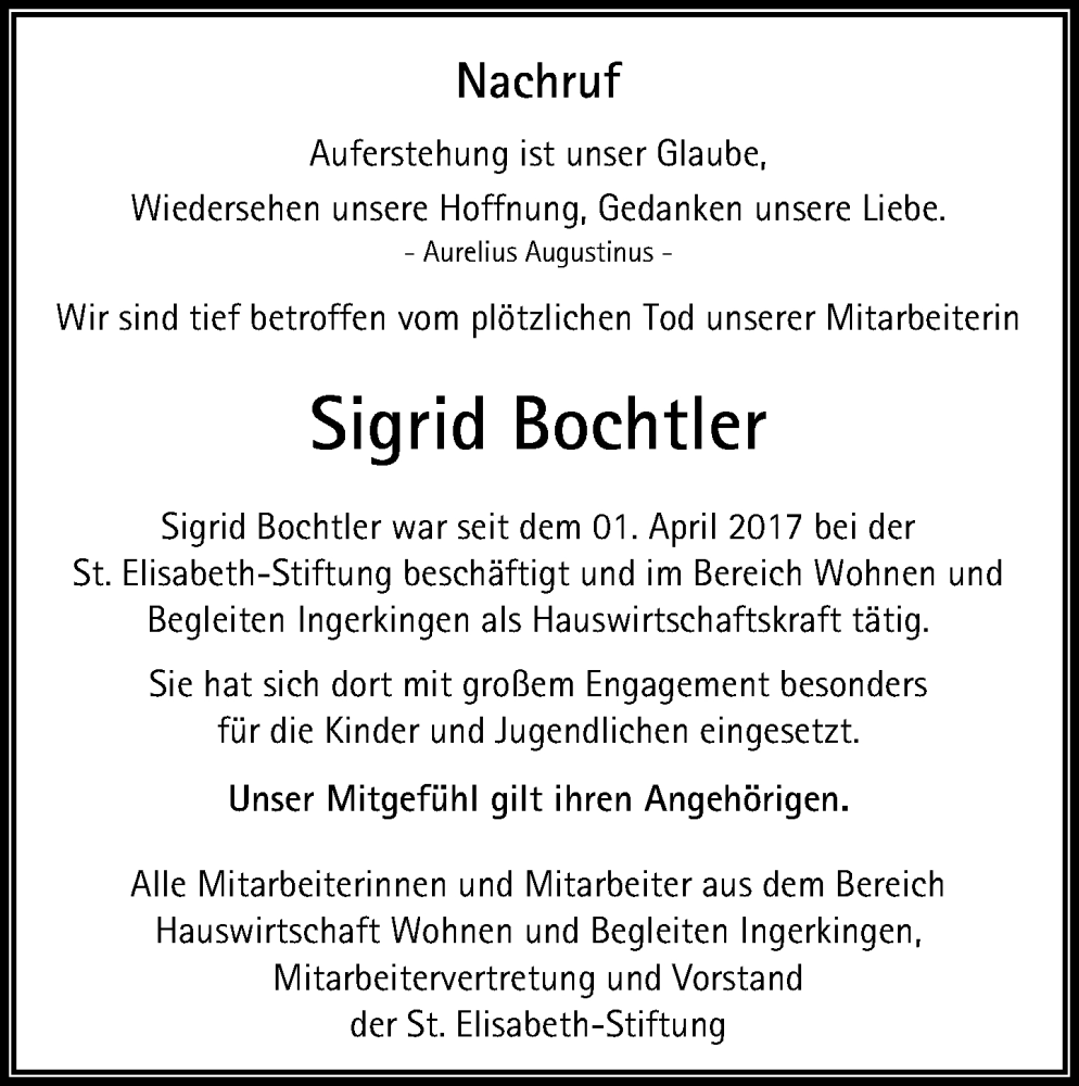  Traueranzeige für Sigrid Bochtler vom 14.11.2024 aus Biberach