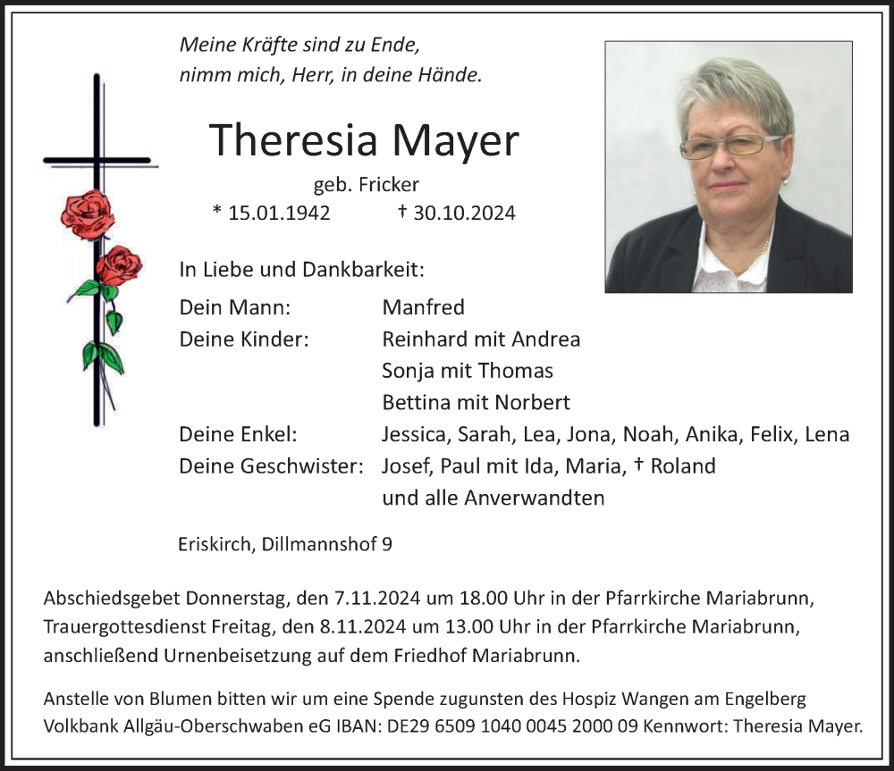  Traueranzeige für Theresia Mayer vom 02.11.2024 aus Friedrichshafen