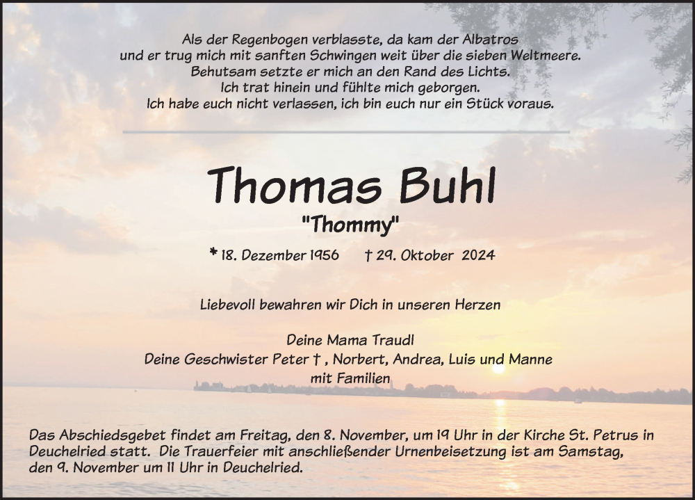  Traueranzeige für Thomas Buhl vom 06.11.2024 aus Wangen