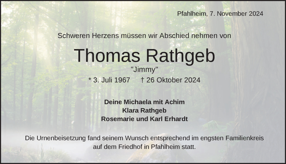  Traueranzeige für Thomas Rathgeb vom 07.11.2024 aus Aalen /Ellwangen