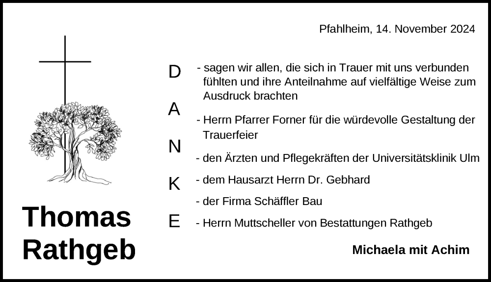  Traueranzeige für Thomas Rathgeb vom 14.11.2024 aus Aalen /Ellwangen