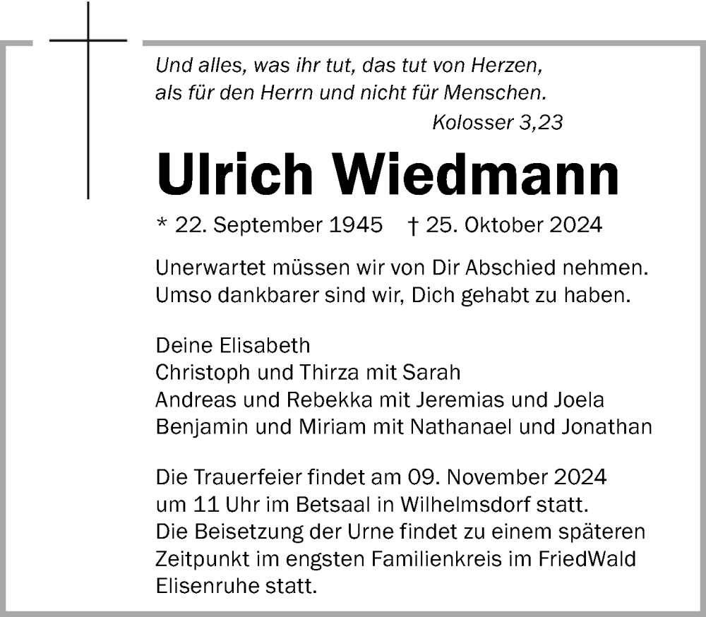  Traueranzeige für Ulrich Wiedmann vom 06.11.2024 aus Ravensburg