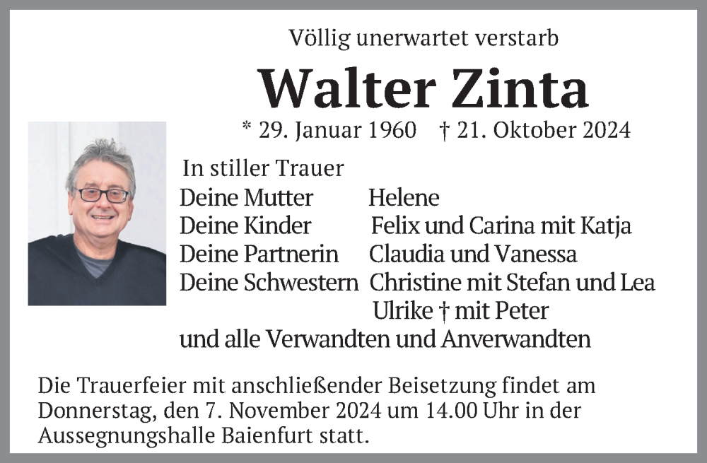  Traueranzeige für Walter Zinta vom 02.11.2024 aus Ravensburg