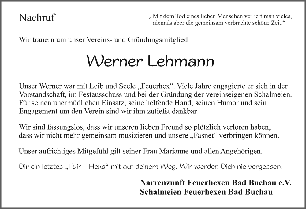  Traueranzeige für Werner Lehmann vom 09.11.2024 aus Biberach