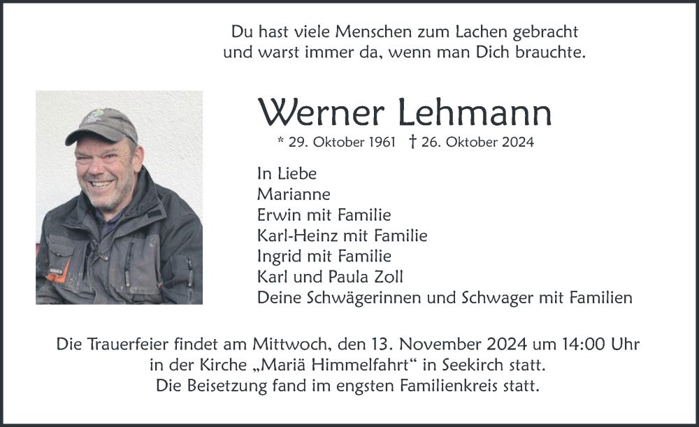  Traueranzeige für Werner Lehmann vom 09.11.2024 aus Biberach