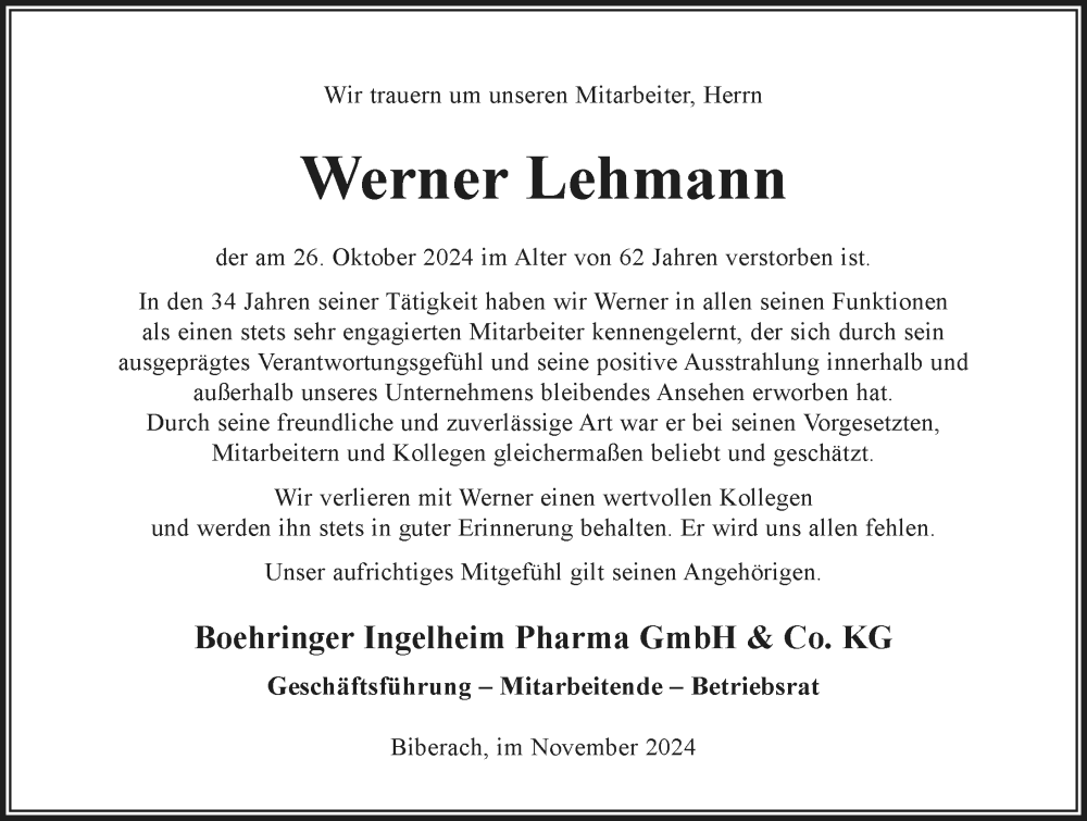  Traueranzeige für Werner Lehmann vom 12.11.2024 aus Biberach