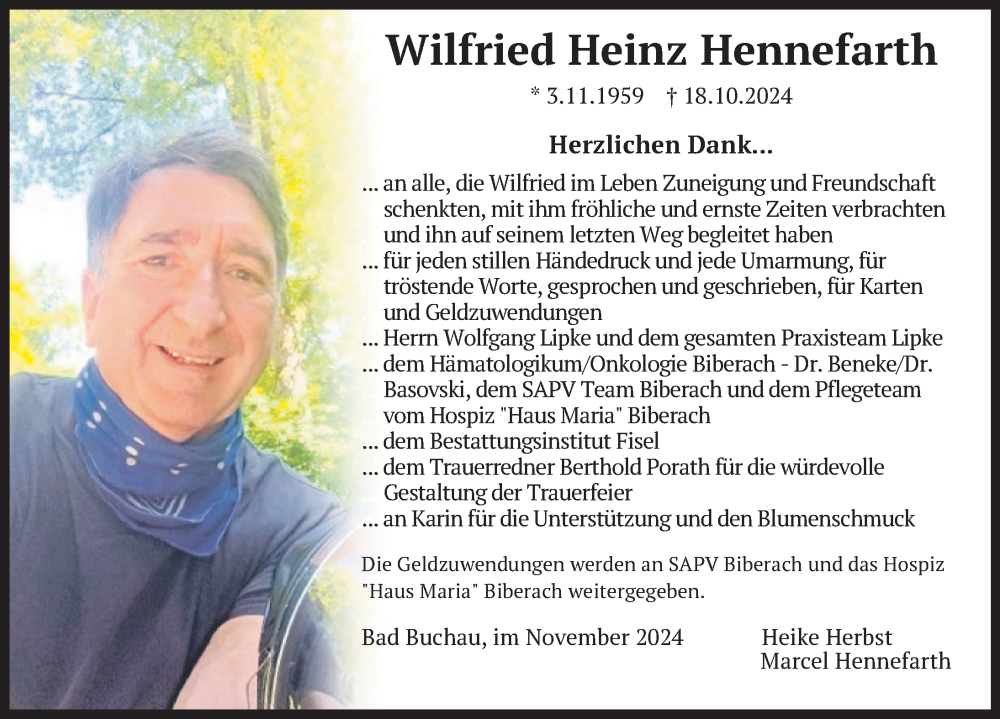  Traueranzeige für Wilfried Heinz Hennefarth vom 16.11.2024 aus Riedlingen