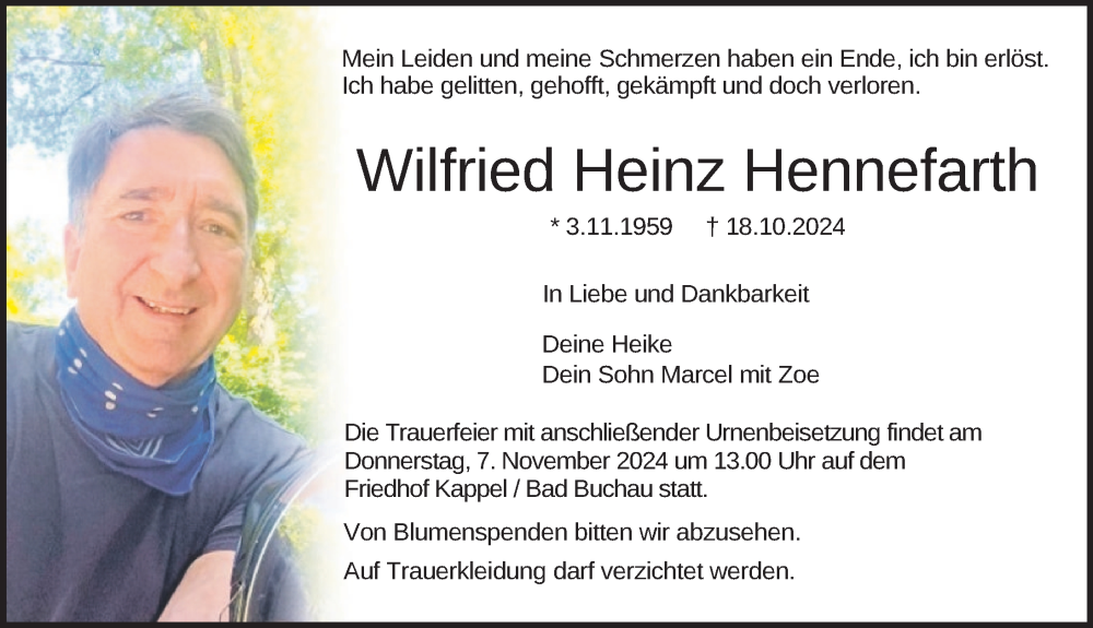  Traueranzeige für Wilfried Heinz Hennefarth vom 02.11.2024 aus Riedlingen