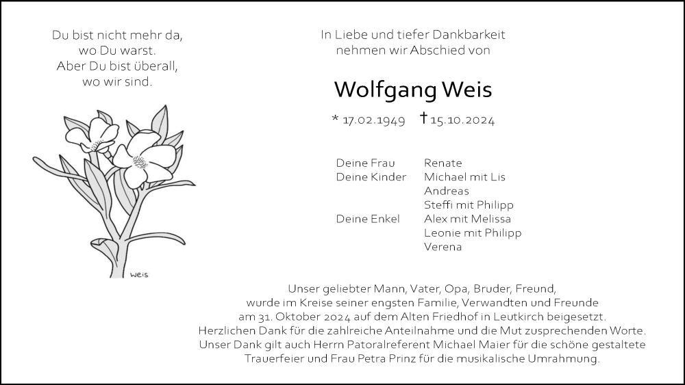  Traueranzeige für Wolfgang Weis vom 02.11.2024 aus Leutkirch