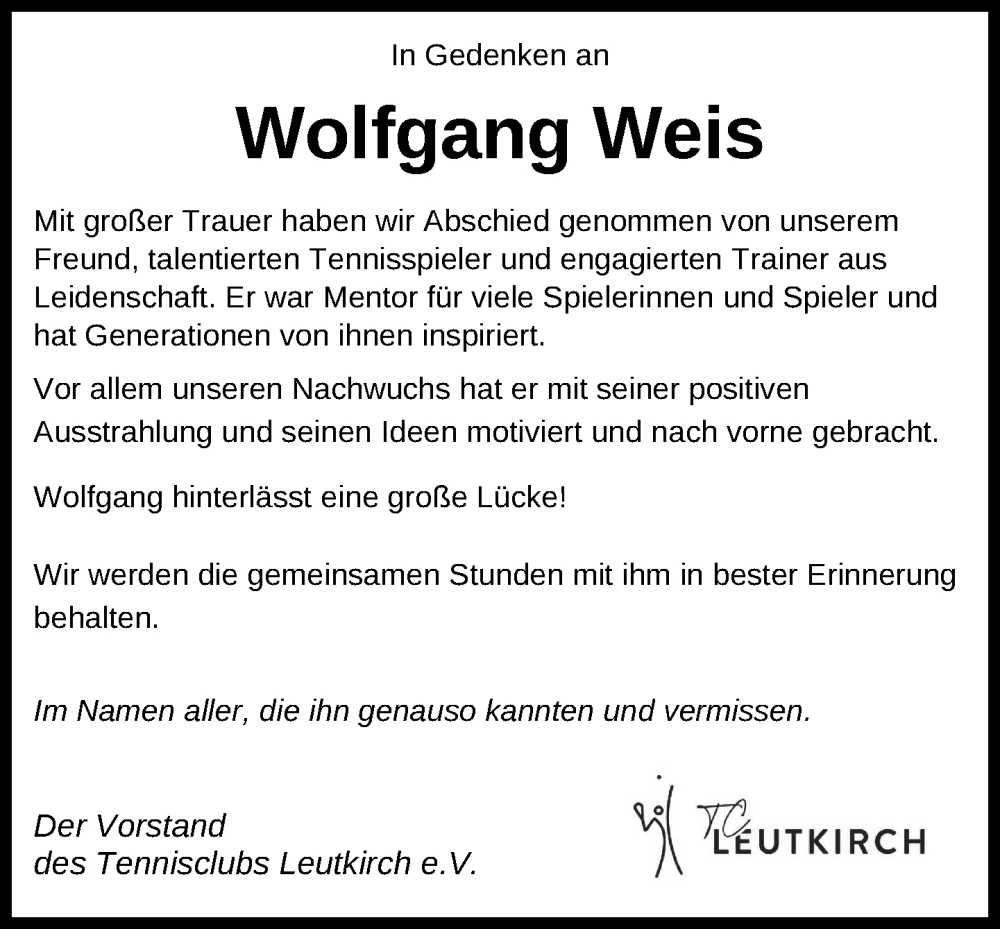  Traueranzeige für Wolfgang Weis vom 05.11.2024 aus Leutkirch