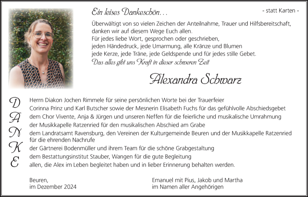  Traueranzeige für Alexandra Schwarz vom 07.12.2024 aus Leutkirch