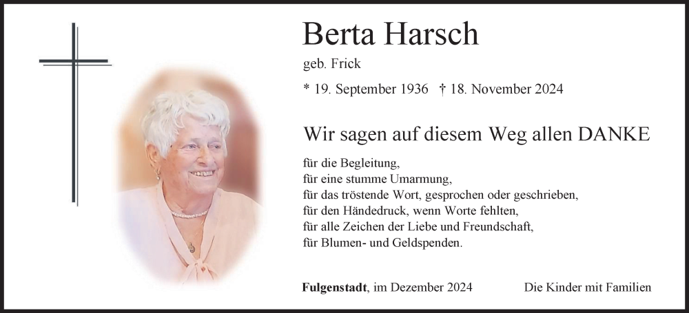  Traueranzeige für Berta Harsch vom 14.12.2024 aus Bad Saulgau