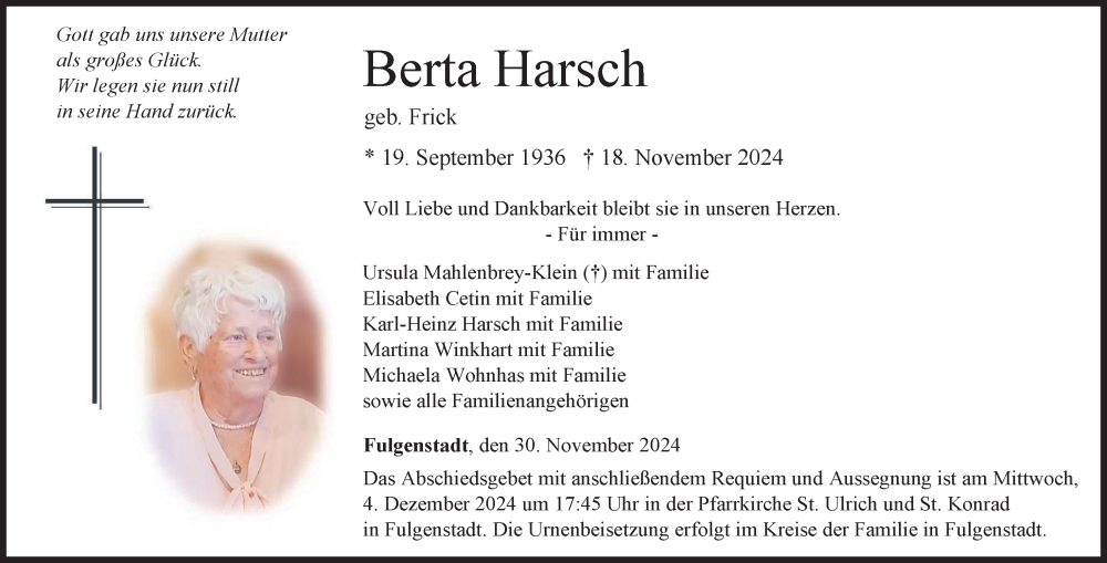  Traueranzeige für Berta Harsch vom 30.11.2024 aus Bad Saulgau