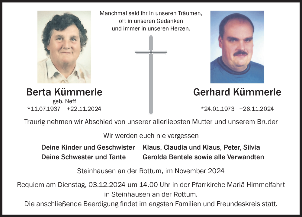  Traueranzeige für Berta und Gerhard Kümmerle vom 30.11.2024 aus Biberach